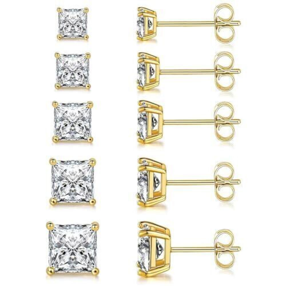 2320 Gold Stud Earrings Set 18K Yellow Gold Plated Hypoallergenic Princess